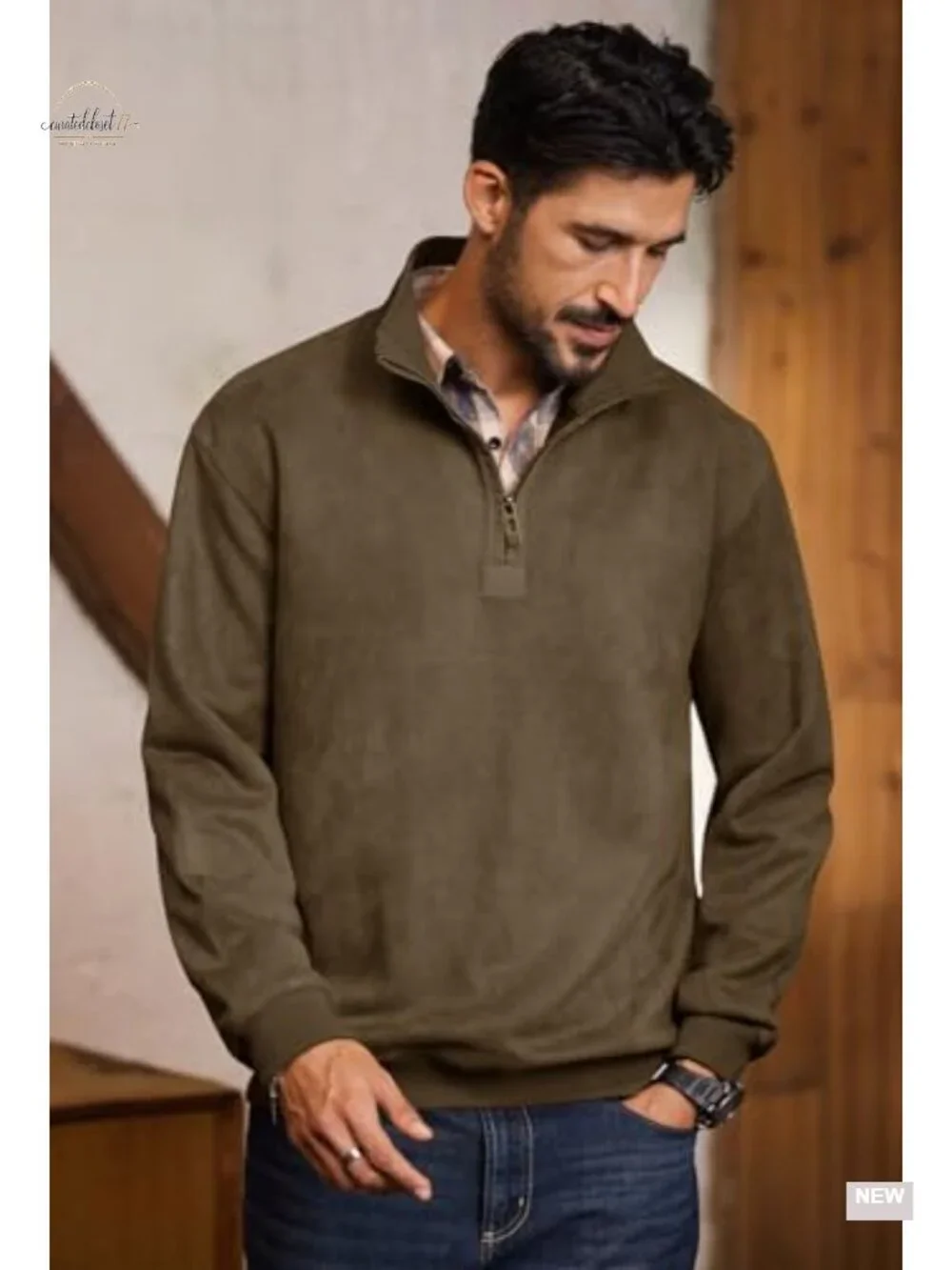 Men's Quarter Zip Pullover Midweight Mock Neck Suede Fabric Casual Sweatshirt
